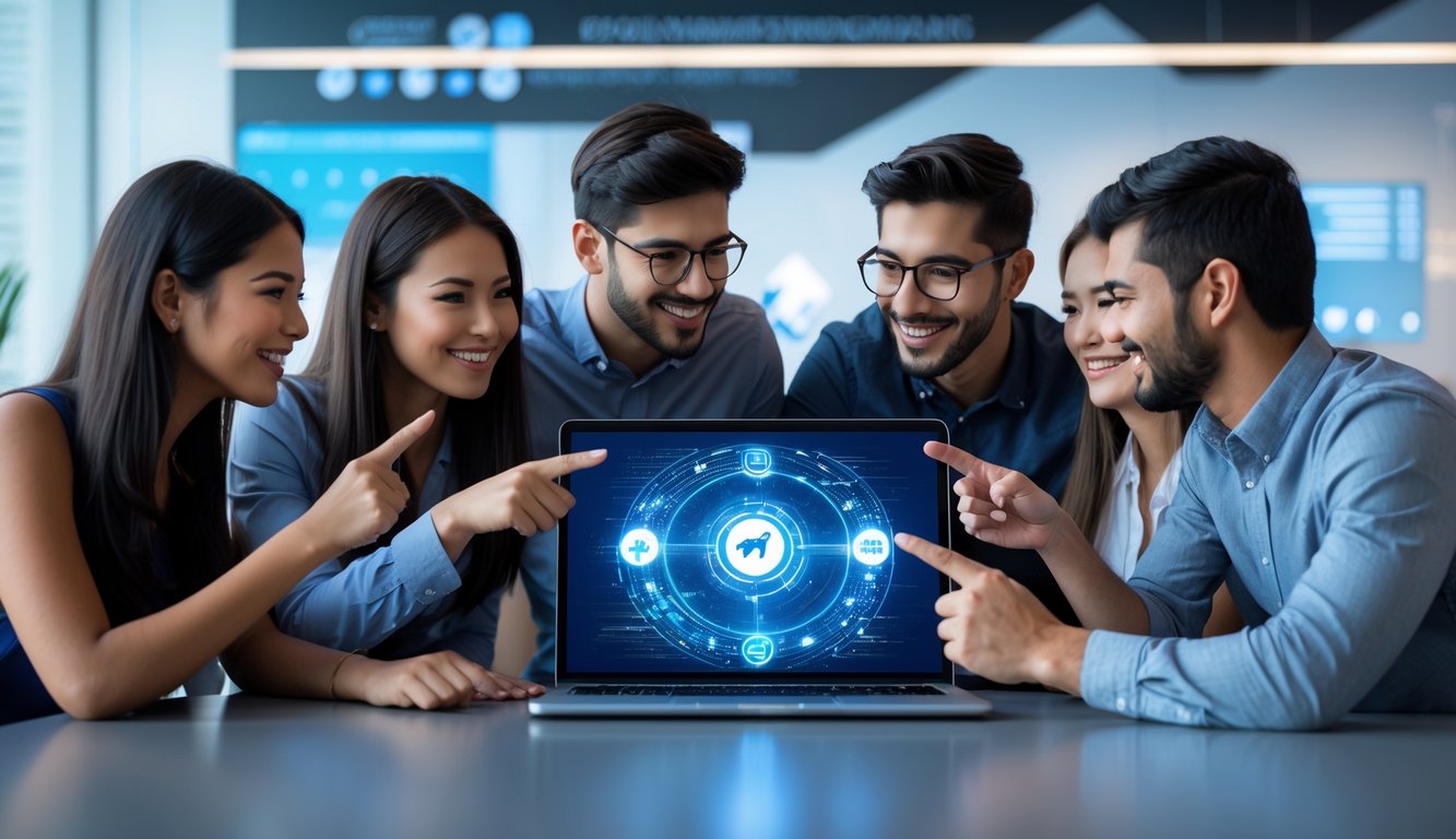 Sekelompok orang muda yang percaya diri sedang berdiskusi di sekitar laptop di kantor modern.