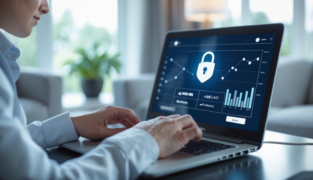 Seseorang menggunakan laptop di ruang tamu yang nyaman dengan suasana tenang, menunjukkan aktivitas judi online yang aman dan terpercaya.