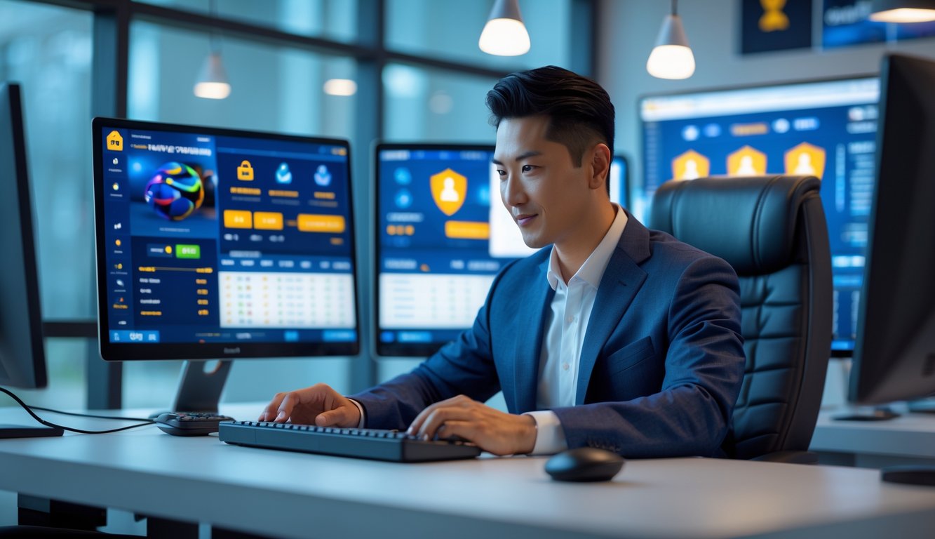 Seorang pria Asia duduk di depan beberapa layar komputer yang menampilkan antarmuka taruhan olahraga online di sebuah kantor modern.