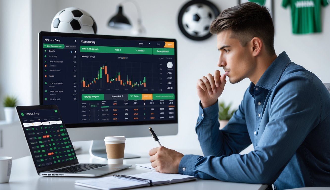 Seorang pria muda duduk di depan meja dengan laptop dan ponsel, menganalisis strategi taruhan bola dalam ruangan kantor rumah yang terang dan rapi.