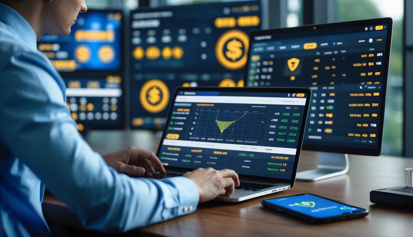 Seseorang sedang menggunakan laptop dan ponsel untuk melihat statistik dan peluang taruhan sepak bola di lingkungan kerja yang modern.