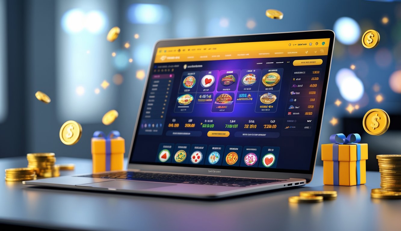 Seorang pengguna sedang melihat layar laptop dengan tampilan situs judi online yang menampilkan berbagai permainan dan simbol bonus.