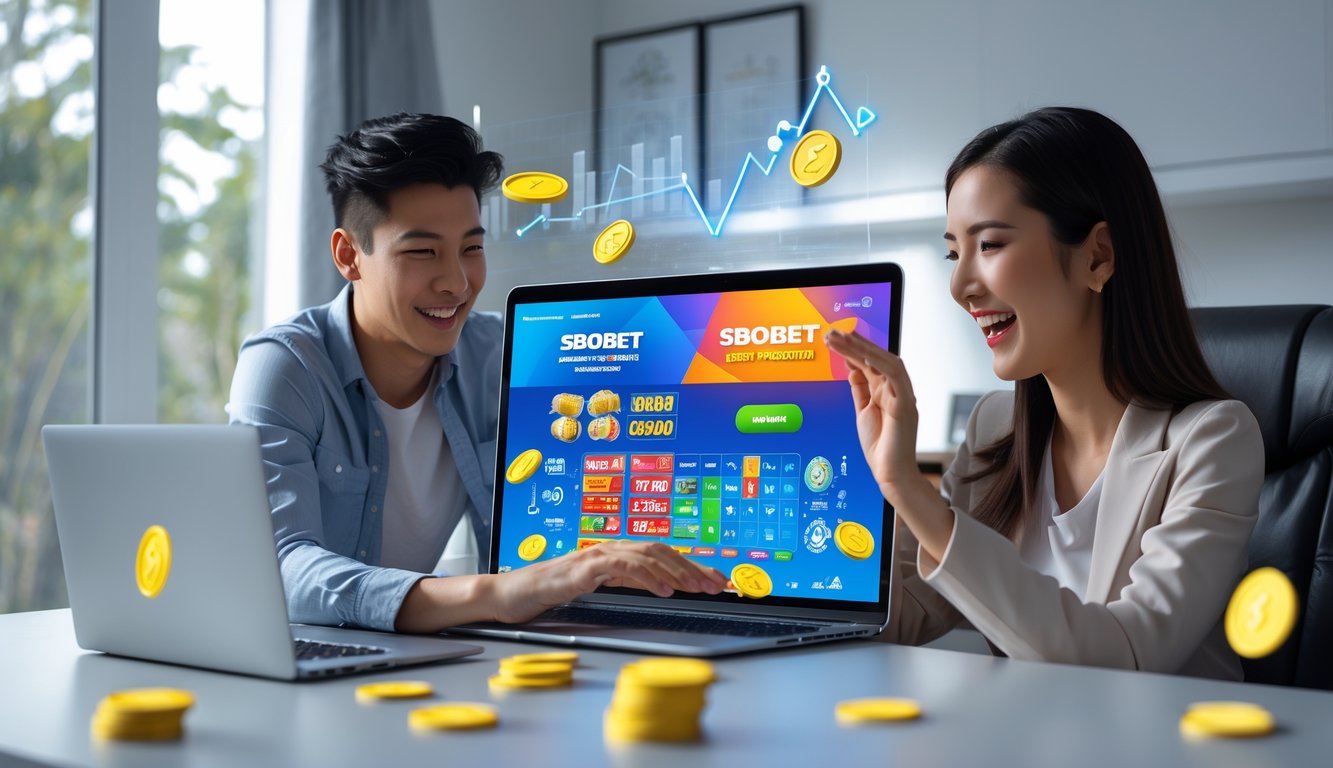Dua orang muda menggunakan laptop di ruang kerja modern dengan tampilan antarmuka judi online yang berwarna-warni dan suasana yang ceria.