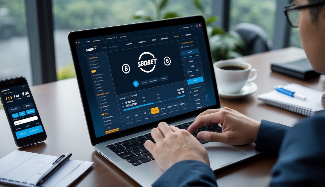 Seseorang menggunakan laptop di meja kerja dengan layar menampilkan antarmuka judi online, dikelilingi oleh ponsel, cangkir kopi, dan buku catatan.