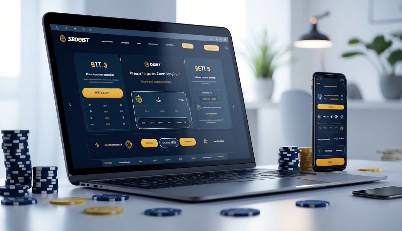 Seorang pengguna sedang melihat situs judi online di laptop dengan elemen taruhan seperti kartu dan chip di meja, di dalam ruangan yang terang dan rapi.