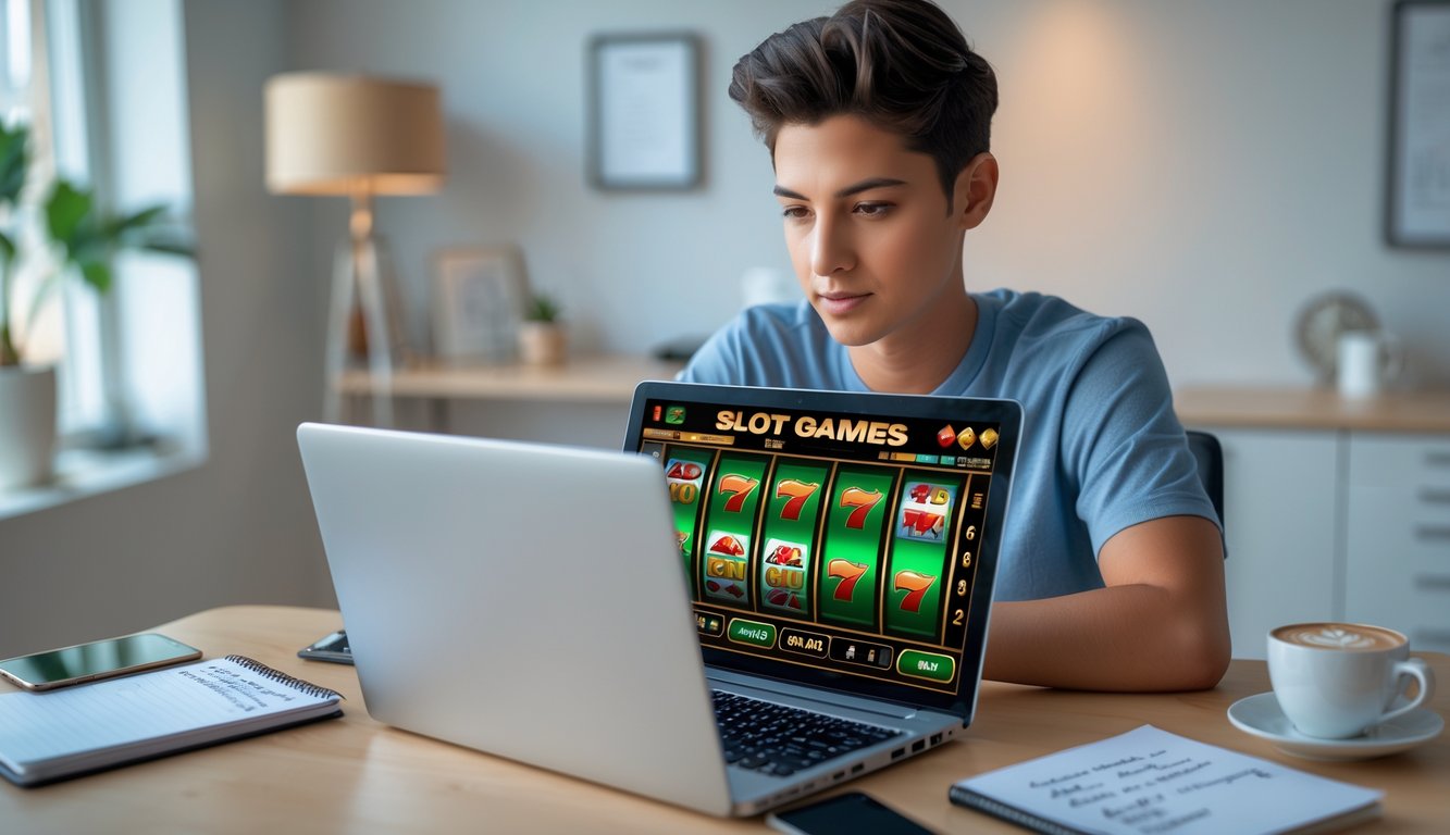 Seorang dewasa muda duduk di meja dengan laptop yang menampilkan permainan slot, terlihat fokus dan serius bermain di lingkungan kantor rumah yang rapi.