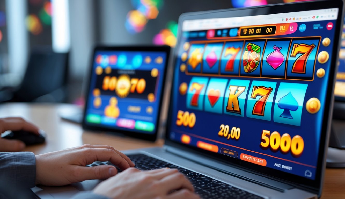 Seorang pengguna sedang bermain permainan slot online di komputer dengan layar menampilkan gulungan slot berwarna-warni di ruang kerja yang terang dan rapi.