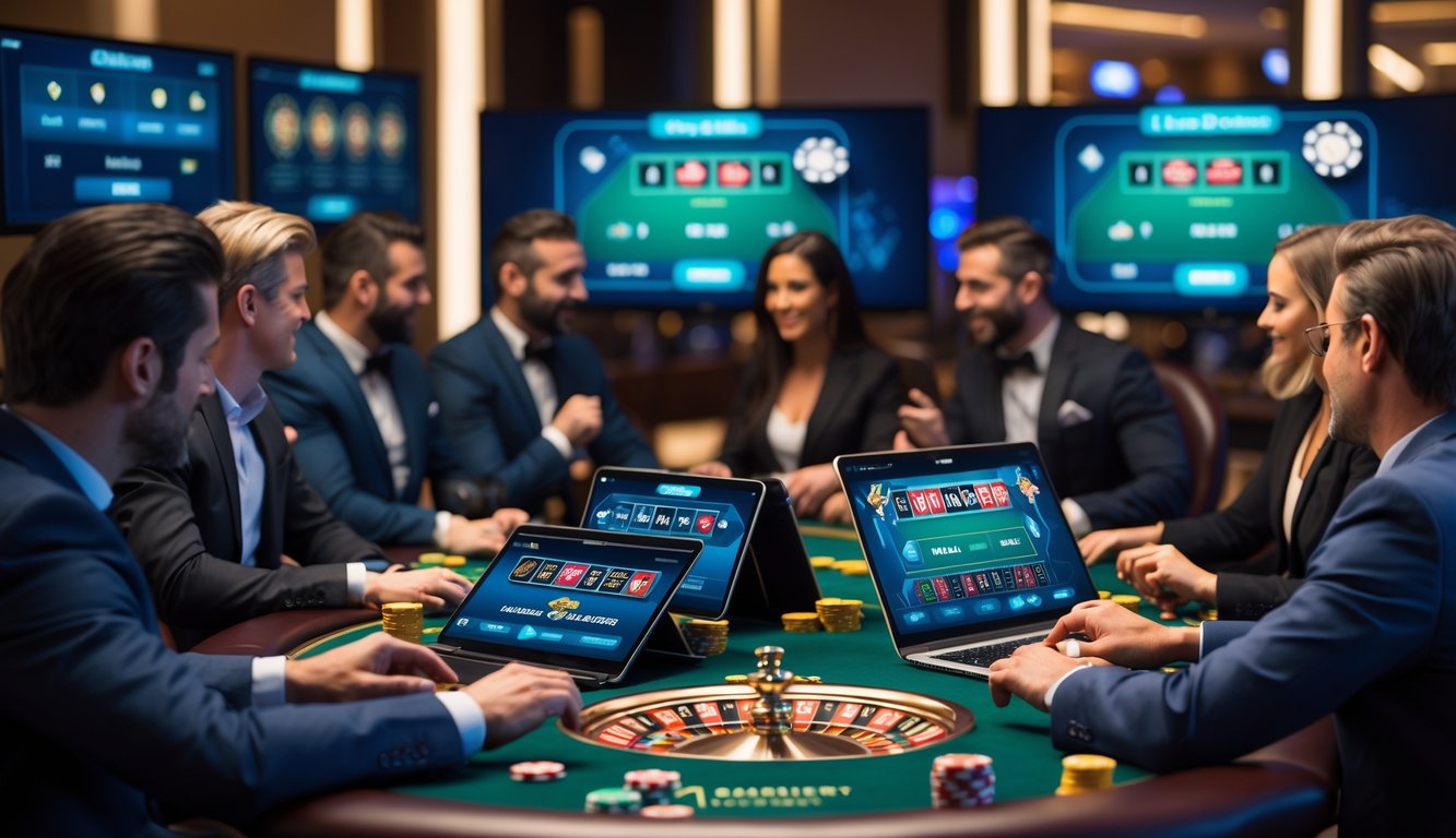 Beberapa orang sedang menikmati permainan kasino langsung di meja kasino dengan perangkat digital dalam suasana modern dan elegan.