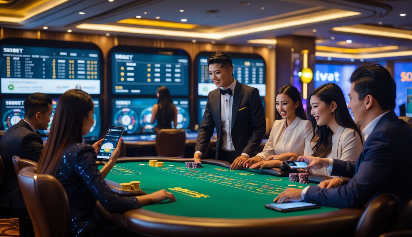 Seorang dealer di meja kasino langsung dengan pemain yang menggunakan perangkat digital untuk bertaruh secara online.