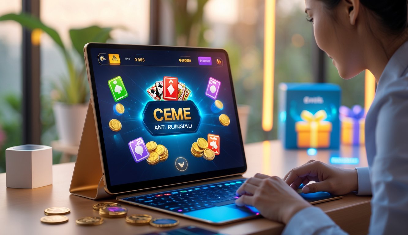 Seorang pria fokus bermain permainan kartu online di laptop dengan latar ruang kerja yang rapi dan terang.