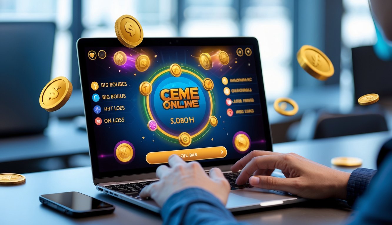 Seorang pengguna sedang bermain permainan kartu Ceme online di laptop di meja kerja modern dengan ikon hadiah dan keamanan di layar.