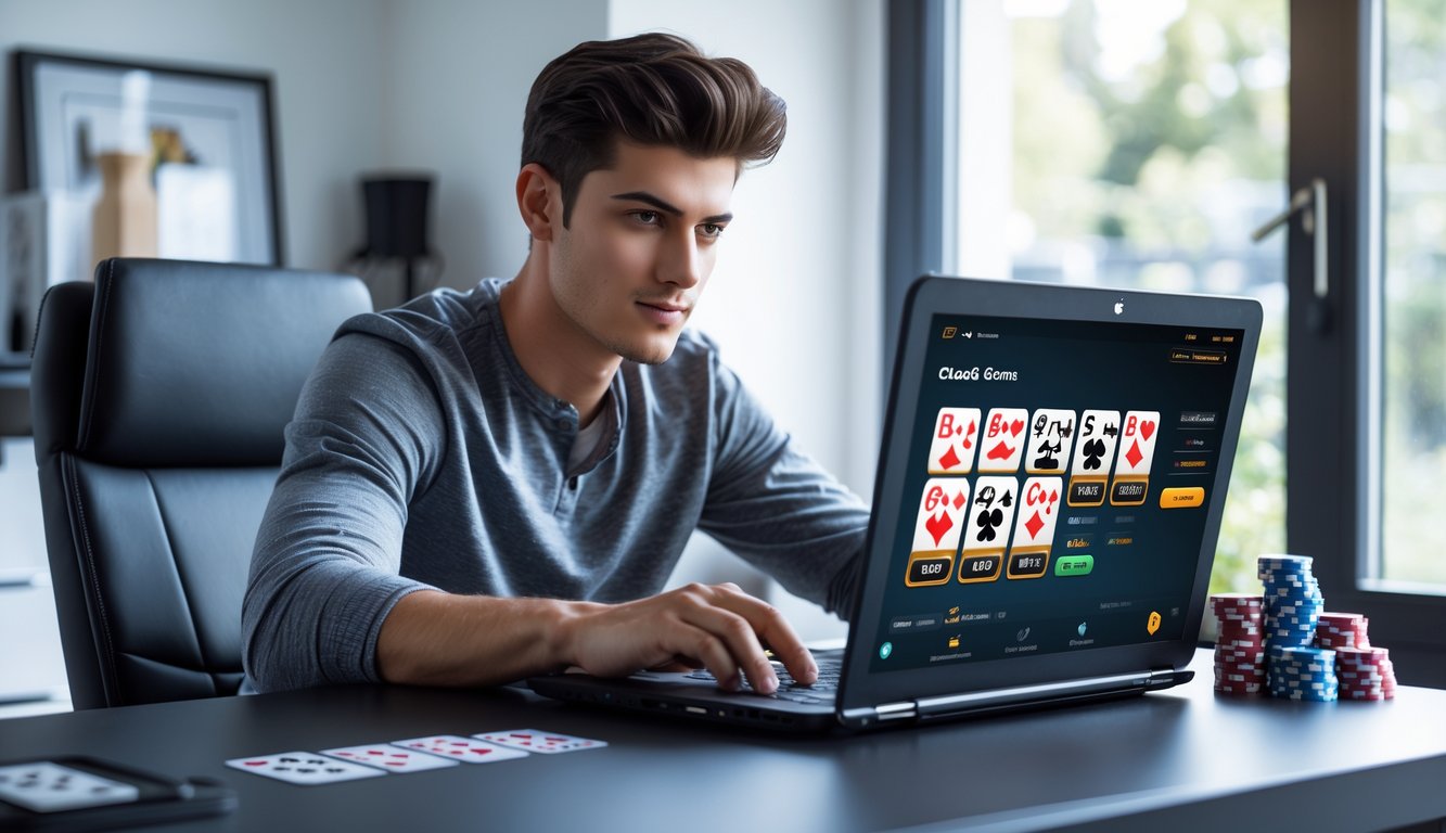 Seorang pria muda duduk di meja dengan laptop terbuka, fokus bermain kartu online di ruang kerja yang rapi dan terang.