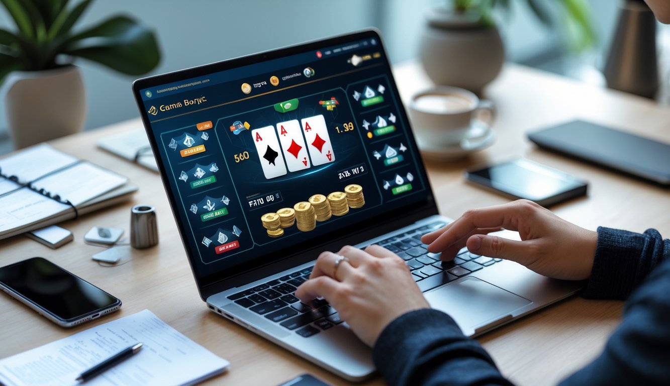 Seorang pria sedang menggunakan laptop dengan tampilan permainan kartu online, dikelilingi oleh catatan dan secangkir kopi di meja kerja.