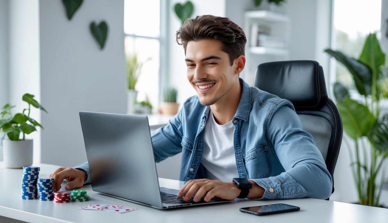 Seorang pria muda duduk di meja dengan laptop, bermain game online dengan ekspresi senang dan fokus di ruang kerja yang terang dan rapi.