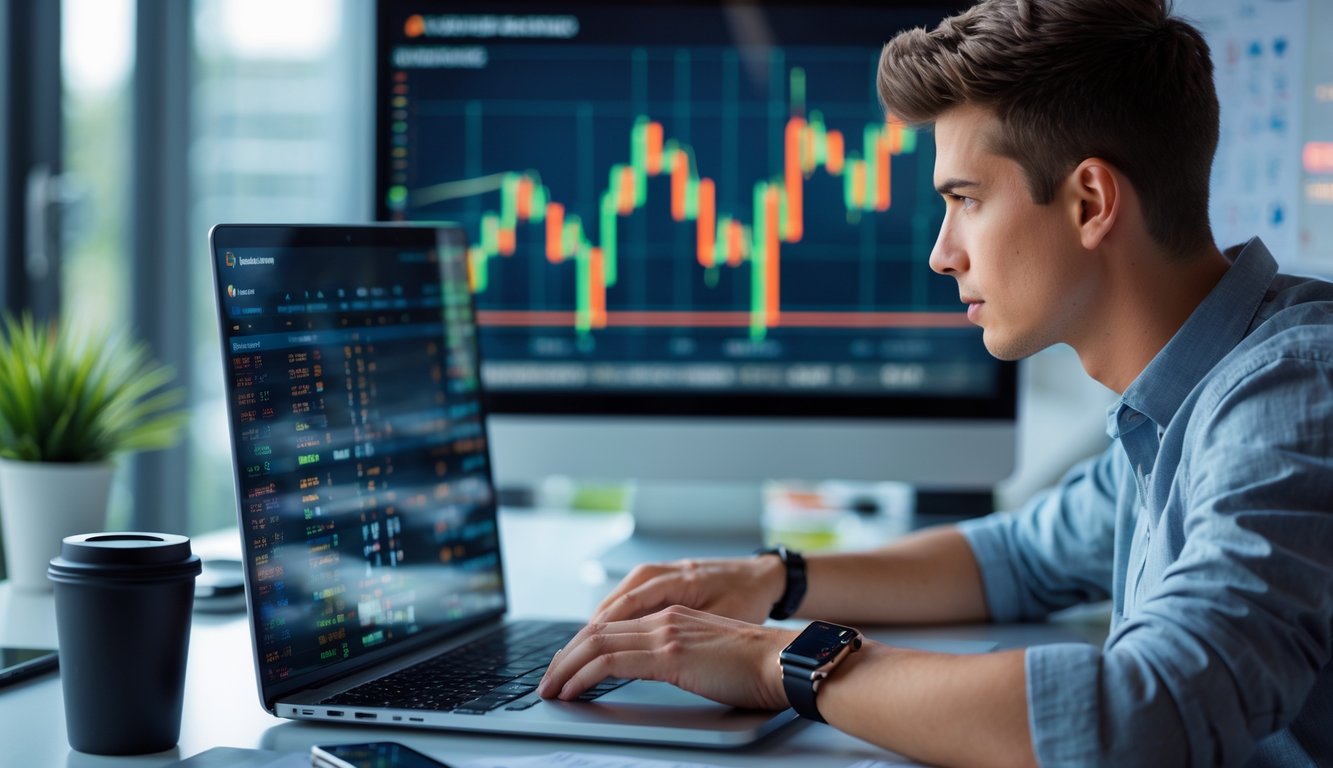 Seorang pria muda duduk di meja kerja dengan laptop, fokus menganalisis strategi permainan online di ruangan yang terang.