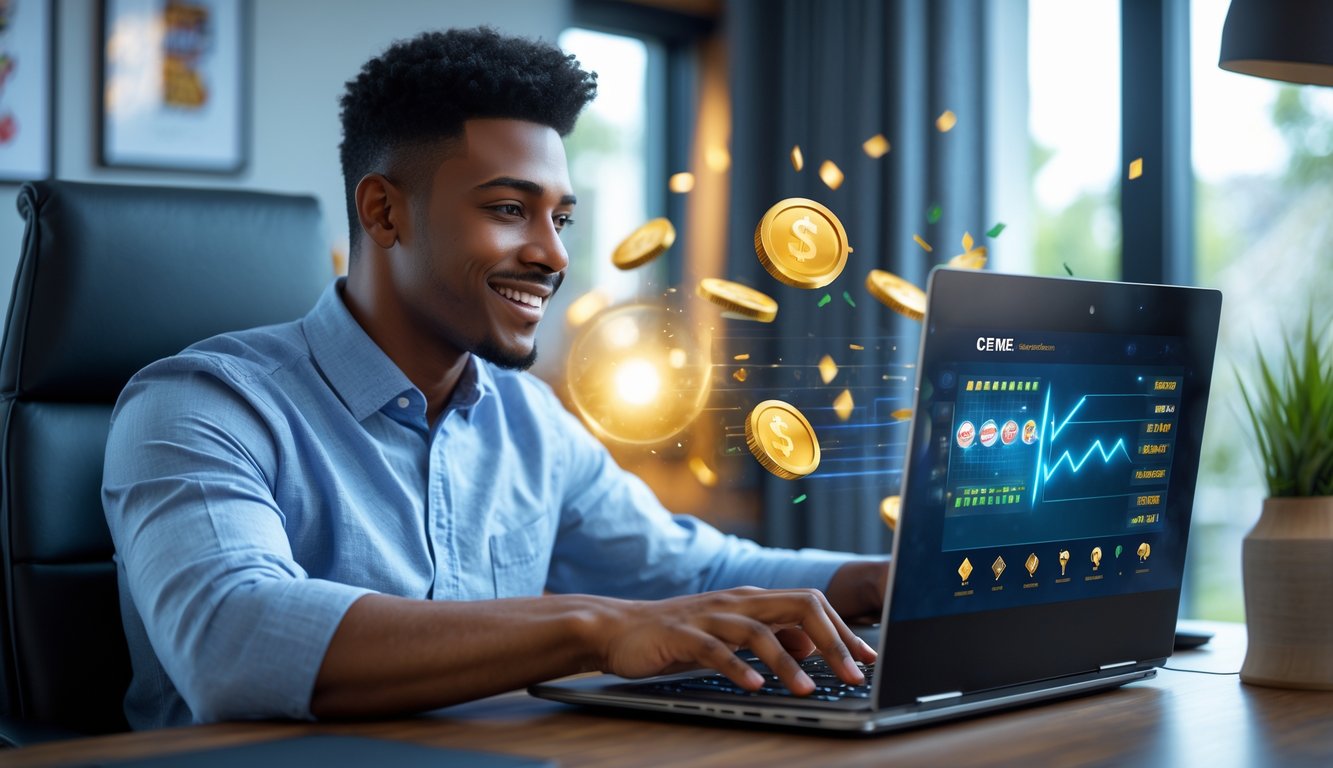 Seorang pria muda duduk di meja modern menggunakan laptop, terlihat fokus dan senang dengan suasana kemenangan dan bonus besar dalam permainan online.