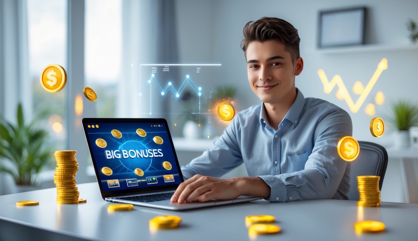 Seorang dewasa muda duduk di depan laptop di meja modern dengan ekspresi percaya diri, menunjukkan suasana kemenangan dalam permainan kartu online.