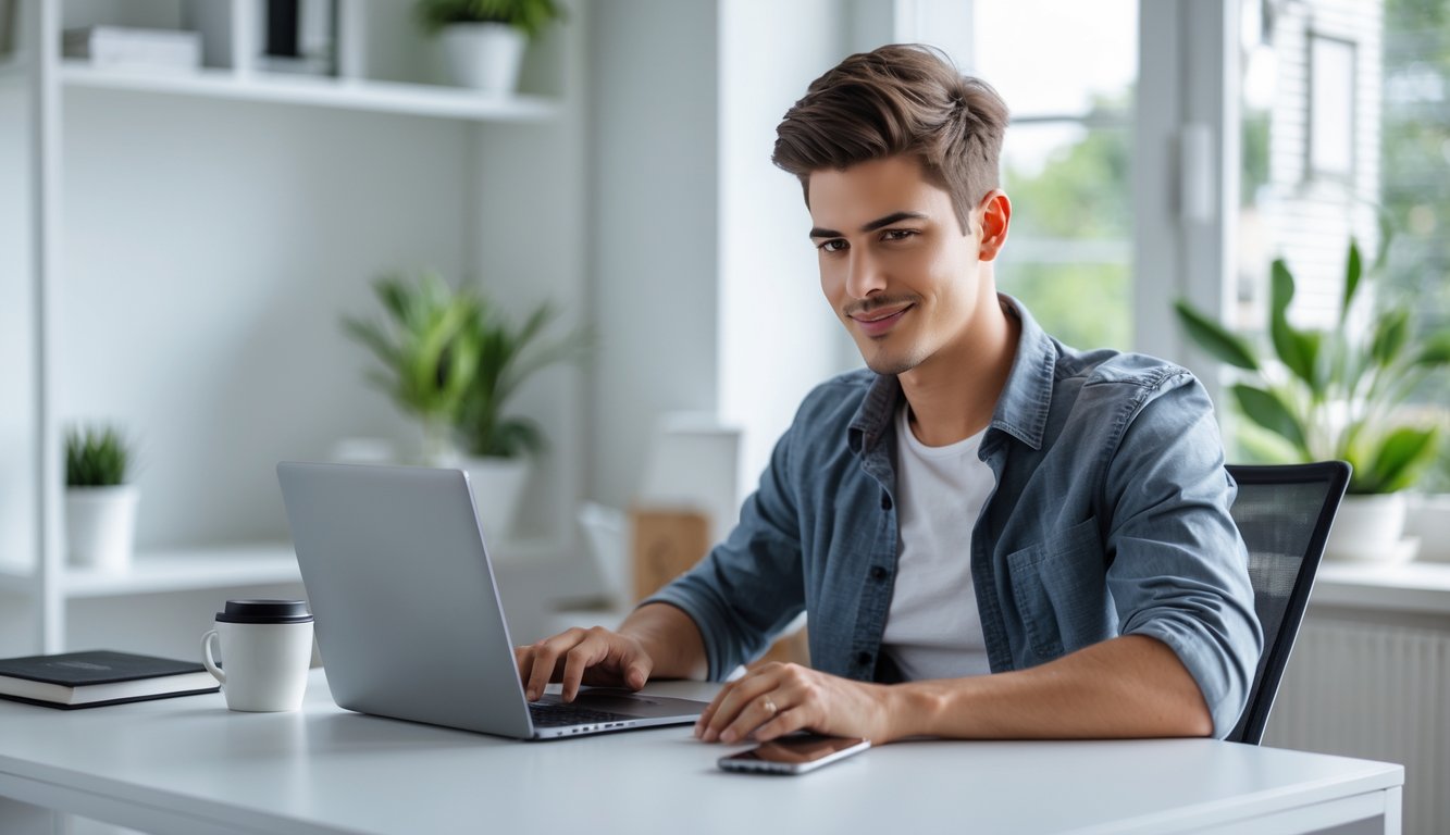 Seorang pria muda duduk di meja kerja modern menggunakan laptop di ruangan terang dengan tanaman dan jendela di latar belakang.