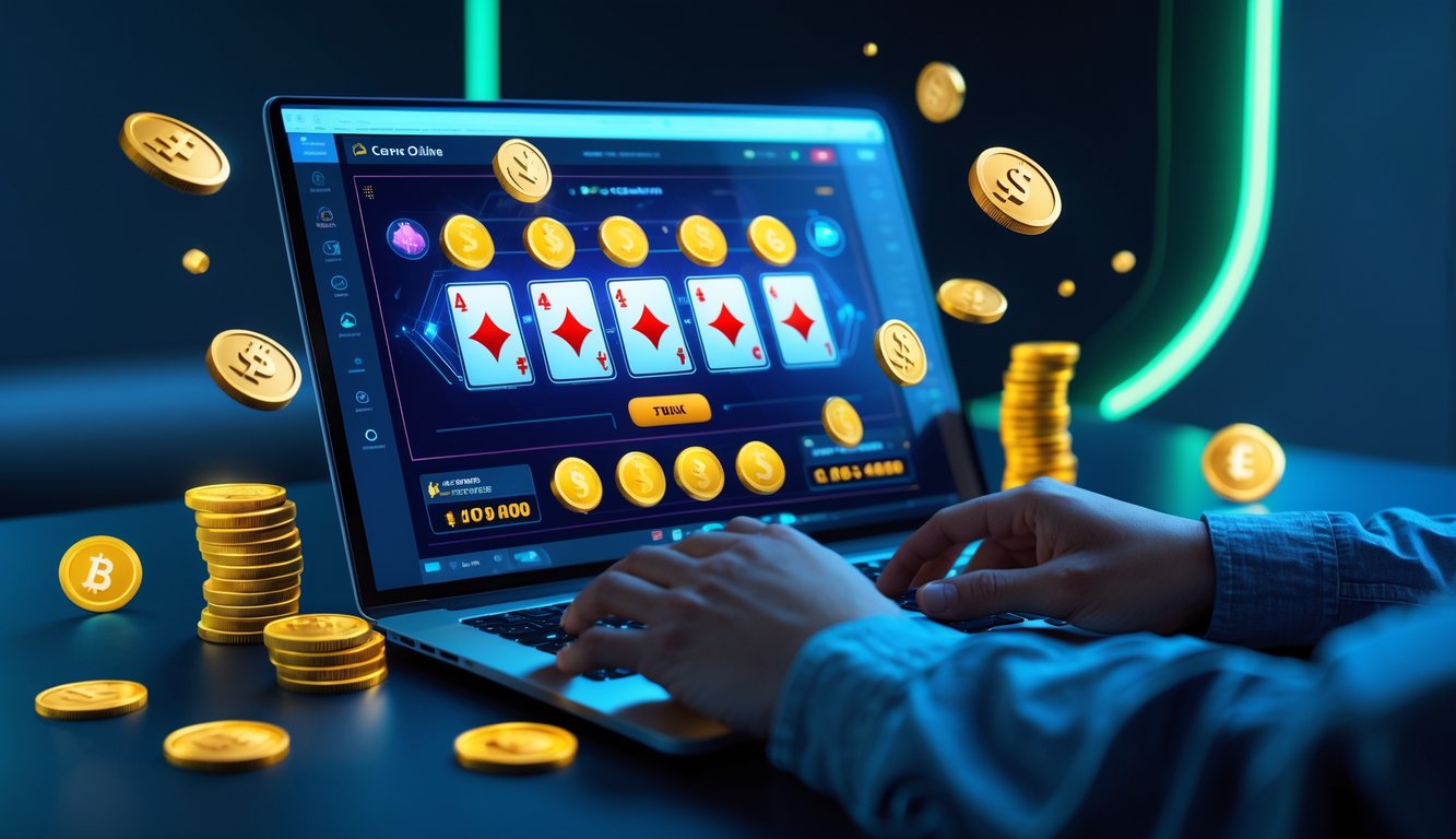 Tangan seseorang menggunakan laptop dengan tampilan permainan kartu online dan simbol bonus di sekitar layar.