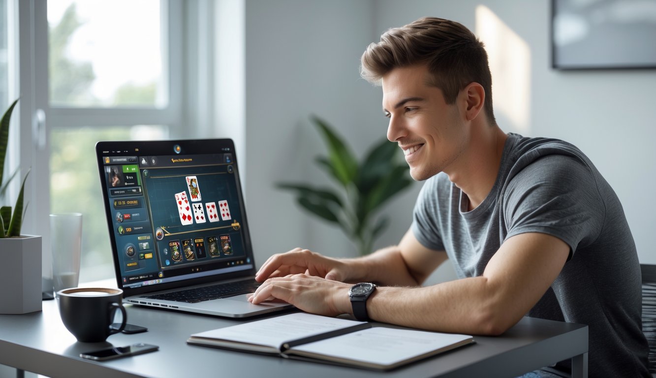 Seorang pria muda duduk di meja dengan laptop, fokus bermain permainan kartu online di ruang kerja rumah yang terang dan rapi.