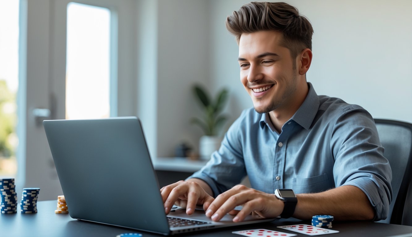 Seorang pria muda duduk di meja dengan laptop, fokus bermain permainan kartu online di ruang kerja modern.