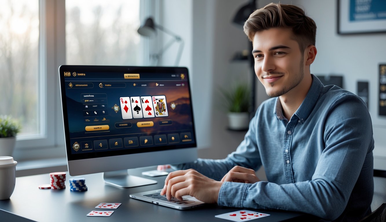 Seorang pria muda duduk di meja dengan laptop, fokus bermain permainan kartu online di ruang kerja yang terang dan rapi.