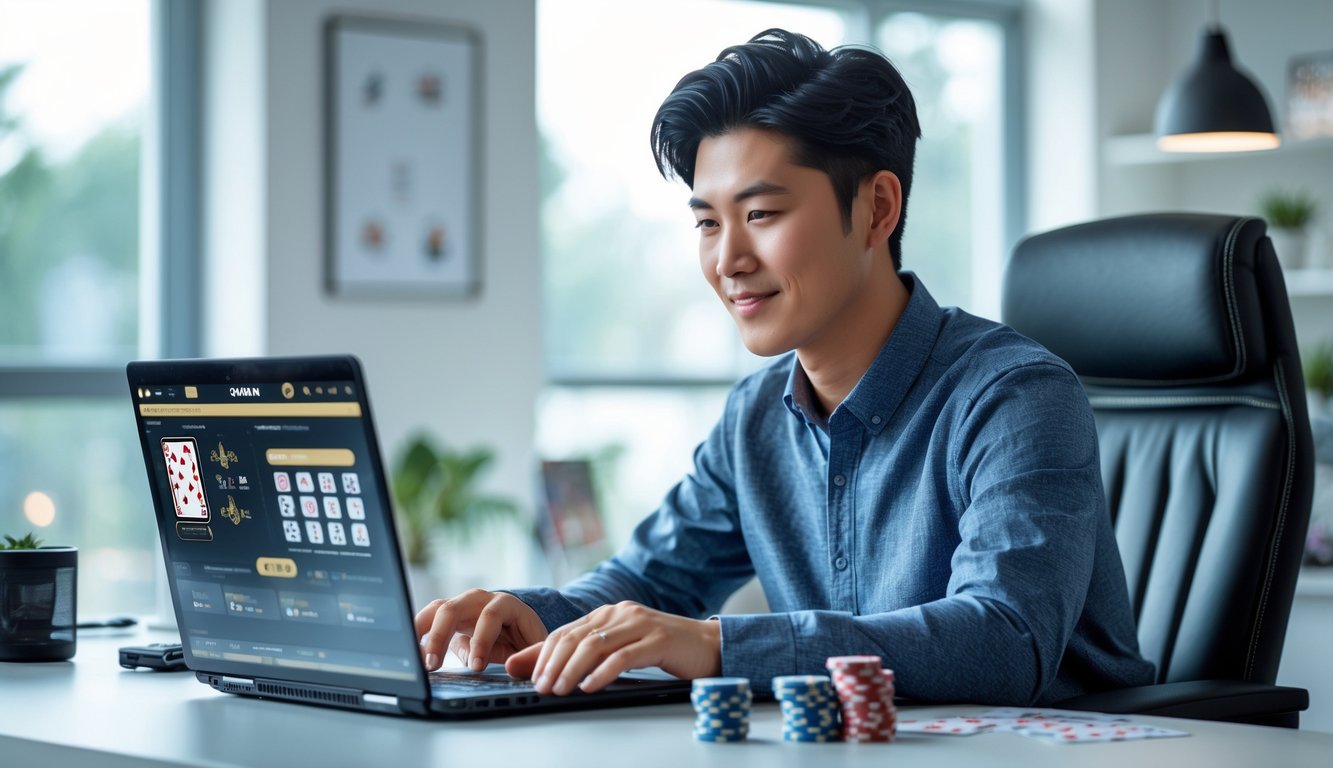 Seorang pria muda duduk di meja dengan laptop, fokus bermain permainan kartu online di ruang kerja yang terang.