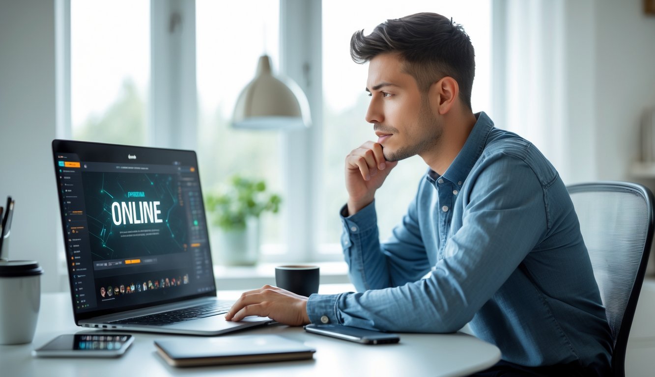 Seorang pria muda duduk di meja dengan laptop, terlihat fokus dan serius, di ruang kerja rumah yang terang dan rapi.