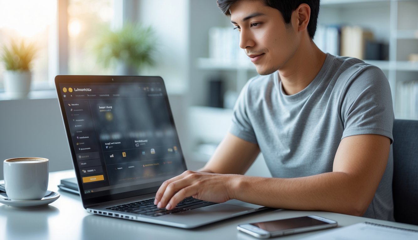Seorang dewasa muda sedang bermain permainan kartu online di laptop di ruang kerja rumah yang terang dan rapi.