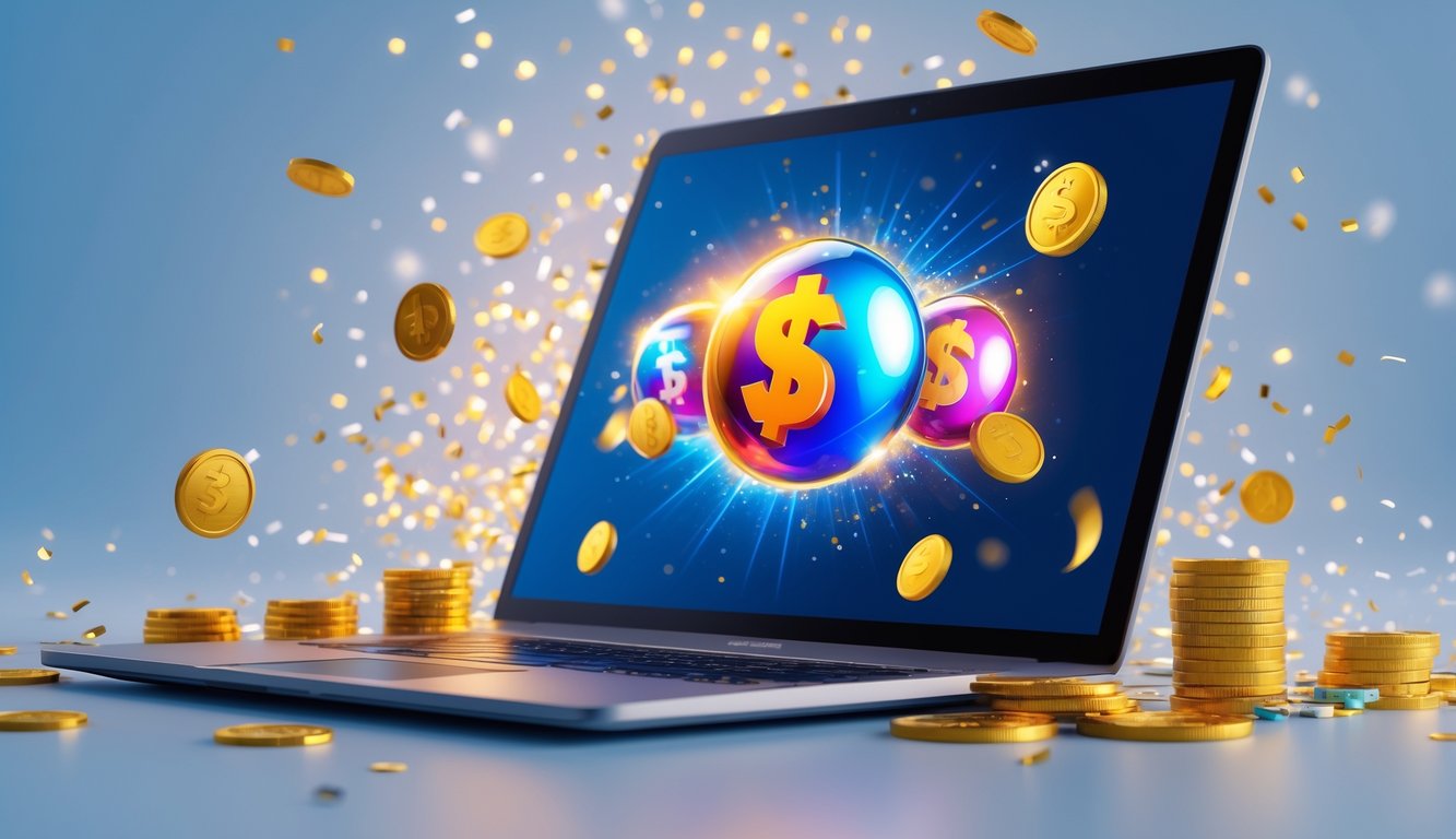 Sebuah komputer modern menampilkan grafik permainan online dengan bola lotere berwarna cerah dan efek perayaan seperti confetti dan koin di sekitarnya.