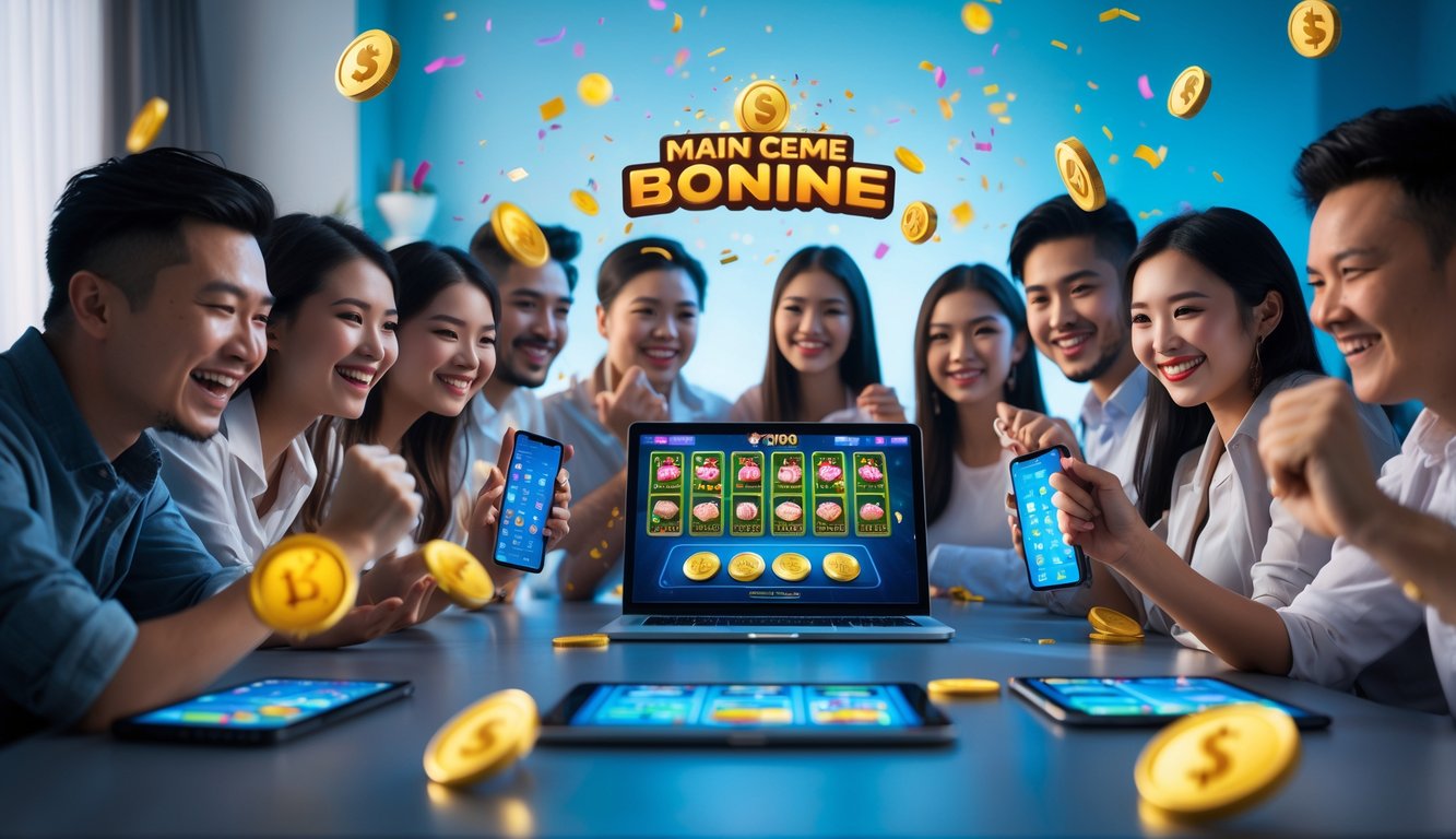 Sekelompok orang sedang bermain permainan kartu online dengan ekspresi senang dan antusias di sebuah ruangan modern.