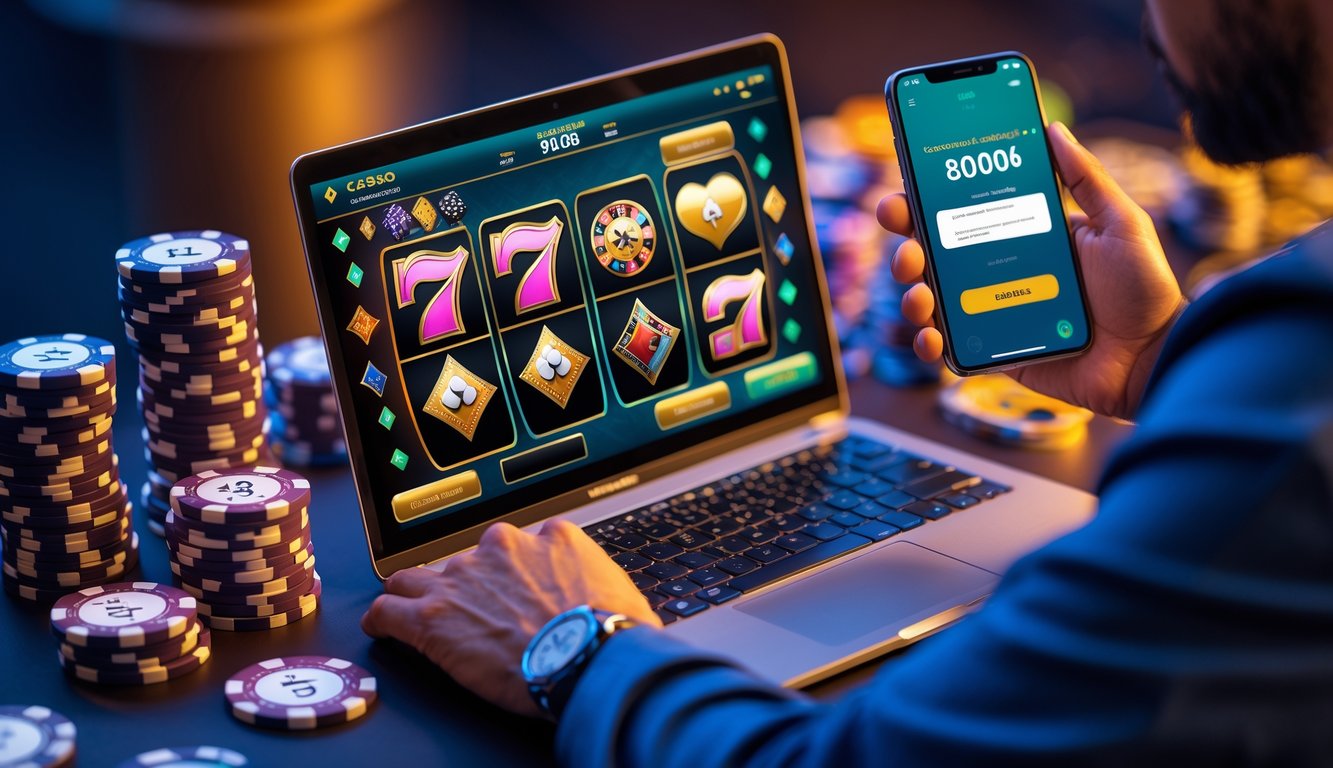 Seseorang sedang menggunakan komputer dengan tampilan permainan kasino online dan chip kasino di sekitarnya.
