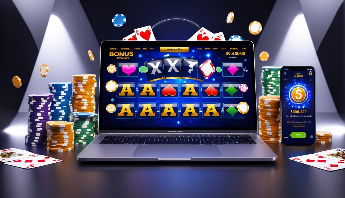 Seorang pemain menggunakan laptop dan smartphone dengan tampilan permainan kasino online dan chip poker di meja.