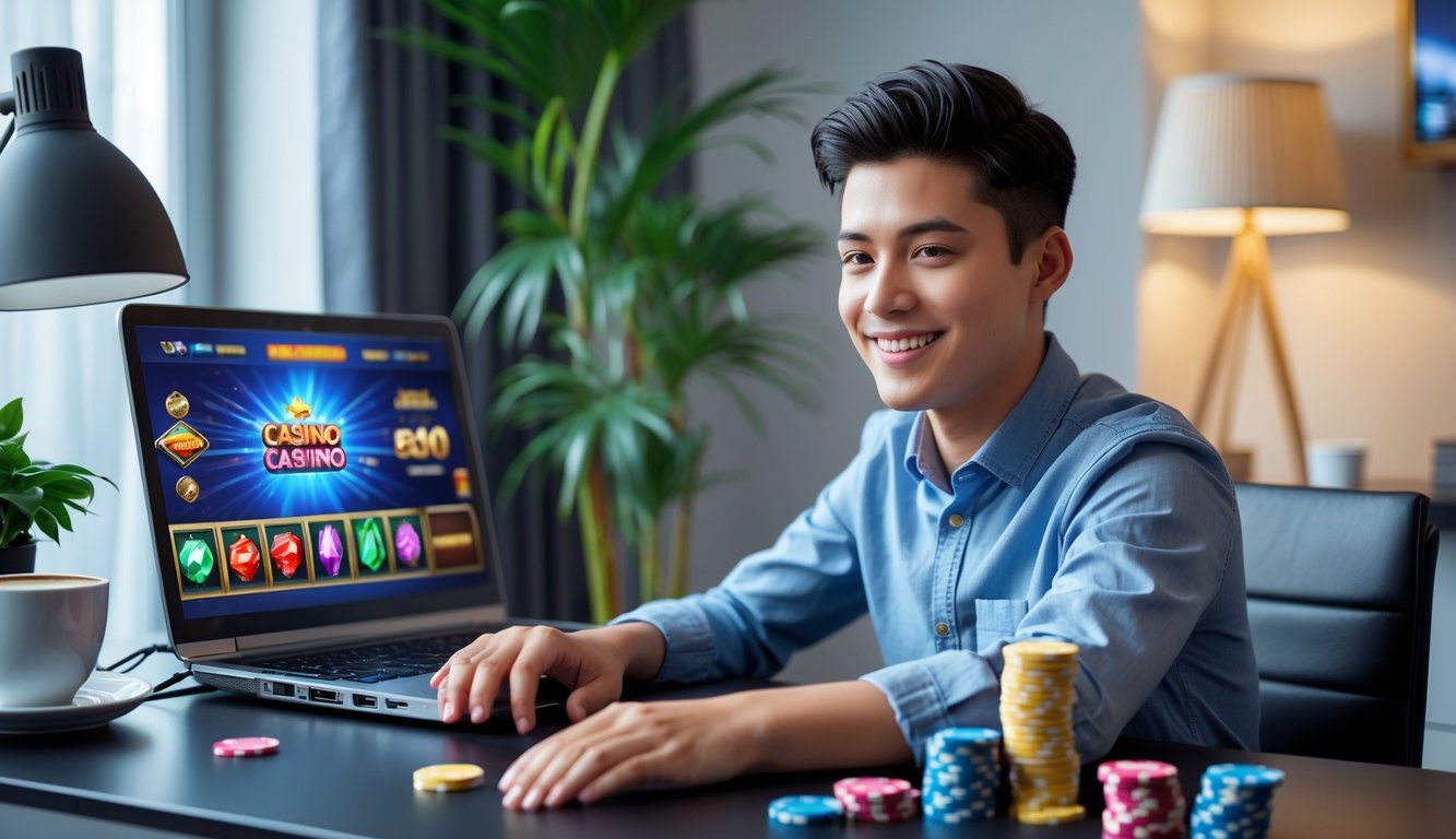 Seorang dewasa muda duduk di meja komputer modern, bermain permainan kasino online dengan ekspresi percaya diri dan senyum, dikelilingi oleh chip kasino dan suasana yang nyaman.