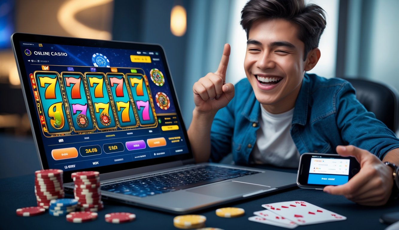 Seorang dewasa muda tersenyum senang di depan laptop dengan tampilan permainan kasino online, dikelilingi chip poker dan kartu remi.