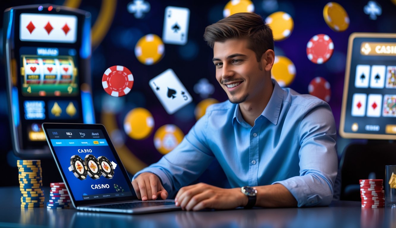 Seorang pria muda duduk di meja dengan laptop dan ponsel yang menampilkan permainan kasino online, terlihat percaya diri dan senang.