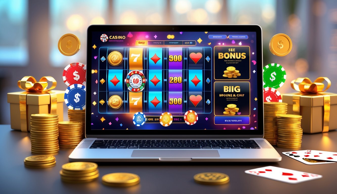 Seorang pengguna duduk di depan komputer dengan tampilan situs casino online yang menampilkan mesin slot, chip poker, dan kartu bermain, dikelilingi oleh simbol bonus seperti koin emas dan kotak hadiah.