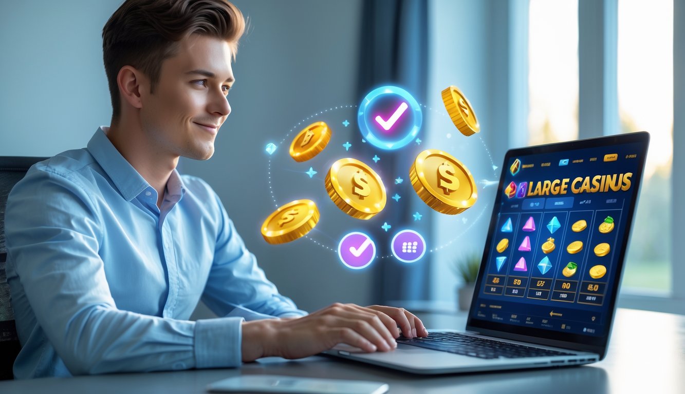 Seorang dewasa muda duduk di meja dengan laptop yang menampilkan antarmuka kasino online berwarna-warni dan ikon bonus, terlihat fokus dan percaya diri memilih kasino online.