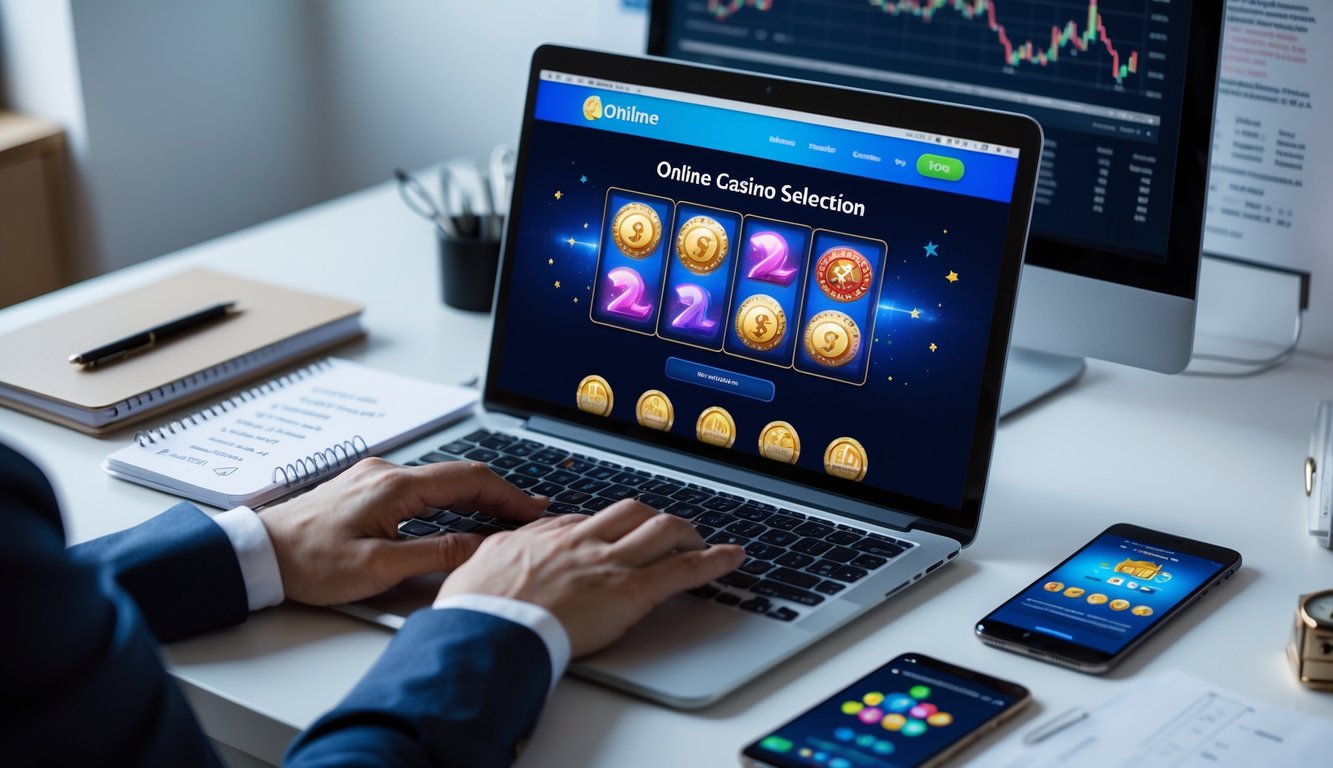 Meja kerja modern dengan laptop menampilkan situs casino online, tangan memegang kartu kredit dan menggunakan mouse, serta alat tulis di sekitar.