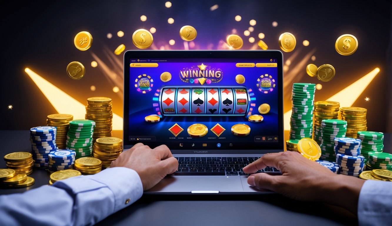 Seseorang menggunakan komputer dengan tampilan permainan kasino online dan tumpukan chip serta koin di sekitar meja.