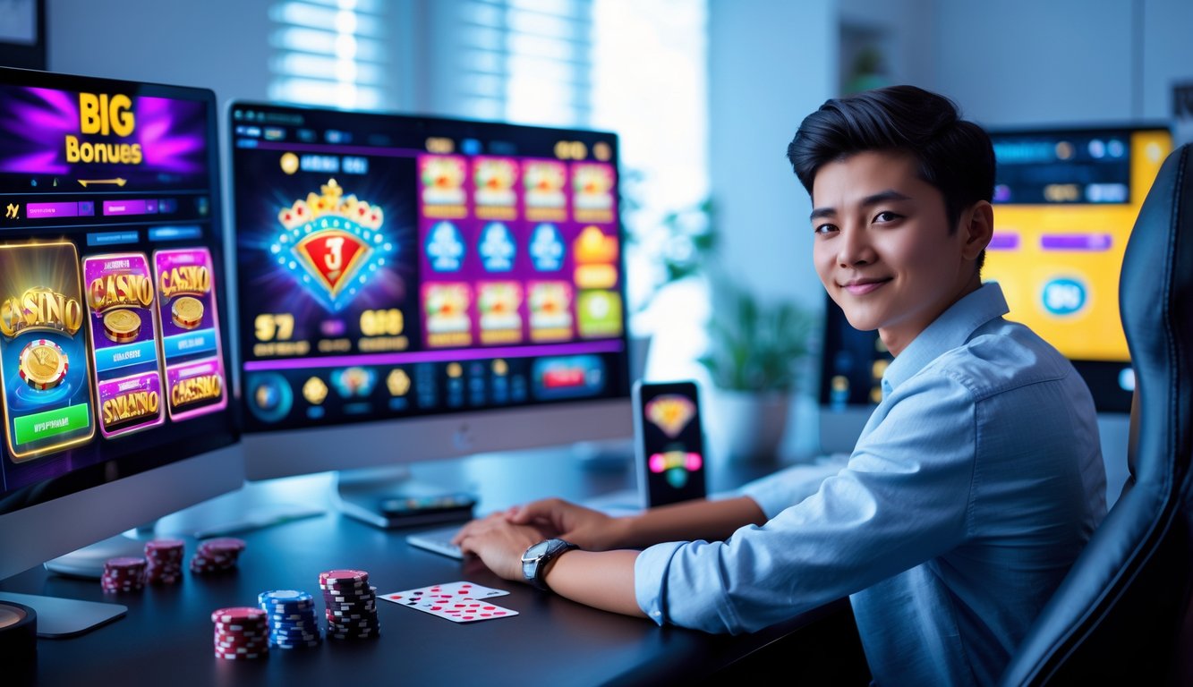 Seorang dewasa muda duduk di depan komputer dengan tampilan permainan kasino online yang cerah dan menarik, terlihat fokus dan tersenyum di ruang kerja modern.