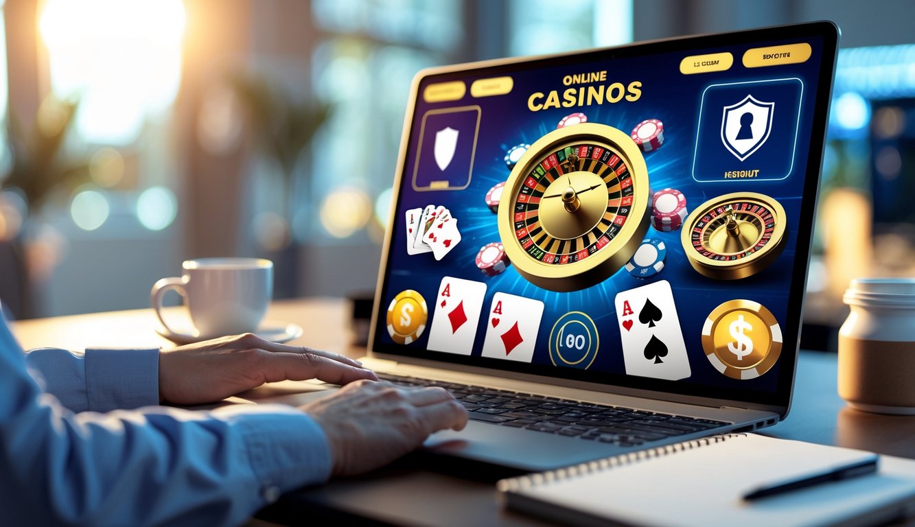 Sebuah laptop di meja dengan tampilan permainan kasino online dan elemen keamanan di sekitarnya.
