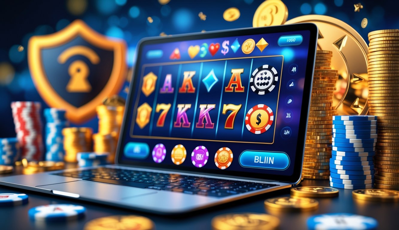 Sebuah perangkat digital menampilkan ikon permainan kasino online dengan tumpukan chip poker dan koin emas di sekitarnya, menggambarkan suasana kasino online yang aman dan menarik.