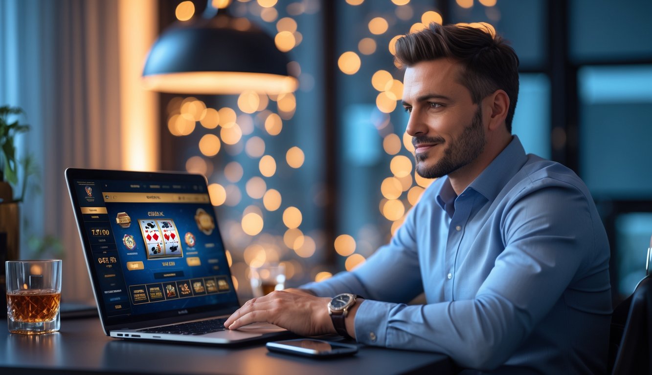 Seorang pria duduk di meja dengan laptop terbuka menampilkan permainan kasino online, tampak fokus dan santai di ruang kerja modern.