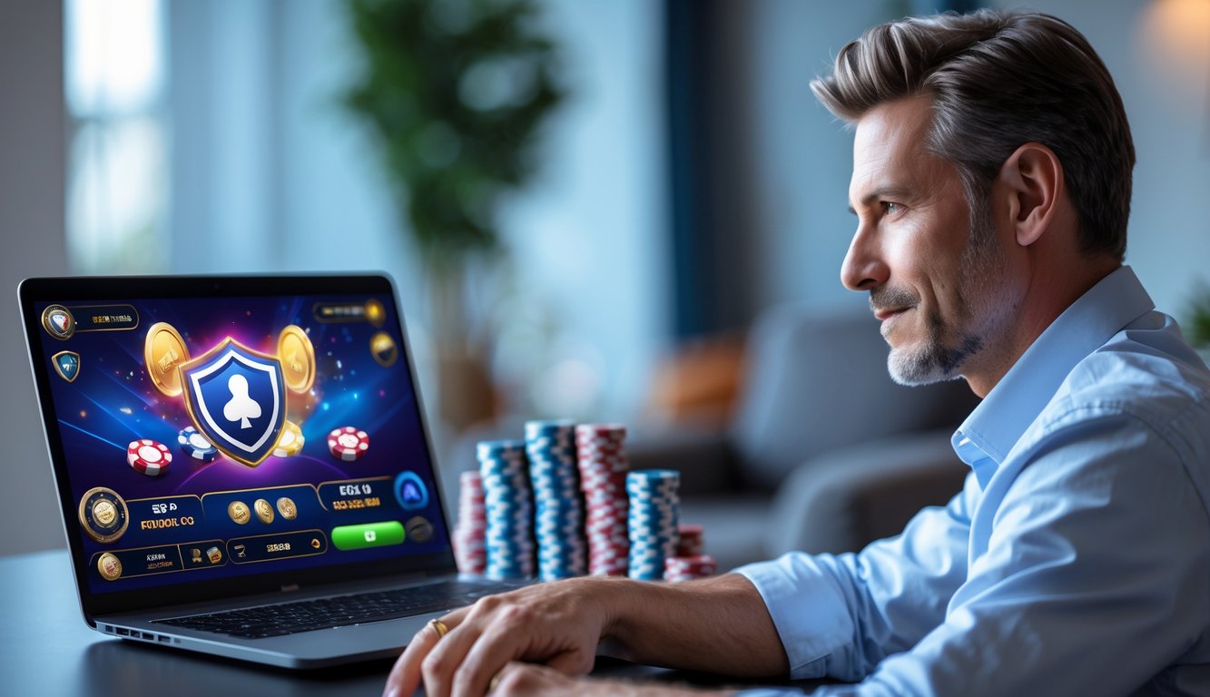 Seorang pria dewasa duduk di depan laptop dengan layar permainan kasino online, tampak fokus dan tenang, dengan tumpukan chip poker di meja.