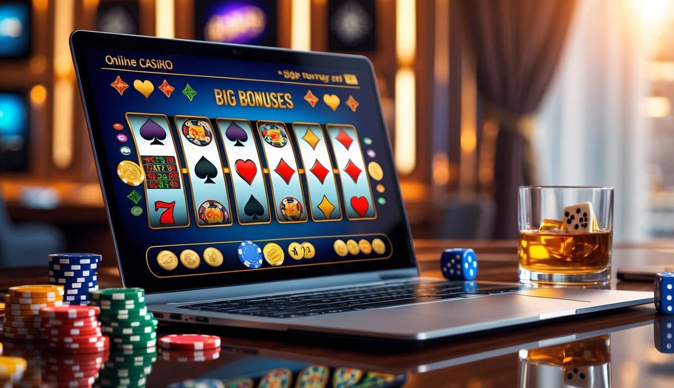 Seorang laptop di atas meja kayu dengan layar menampilkan permainan kasino online, dikelilingi oleh chip kasino, dadu, dan gelas minuman.
