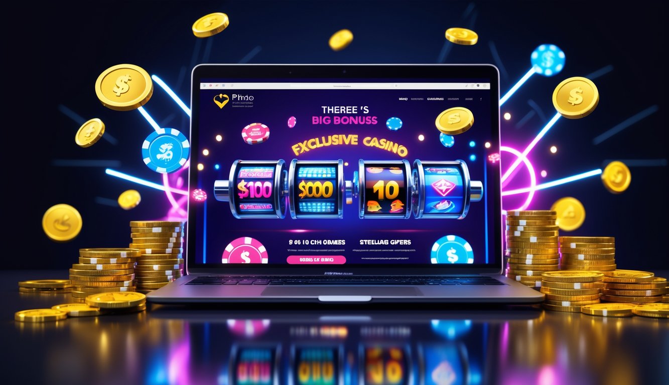 Sebuah laptop menampilkan situs kasino online dengan chip poker dan koin emas di sekitarnya, menggambarkan promosi kasino eksklusif.