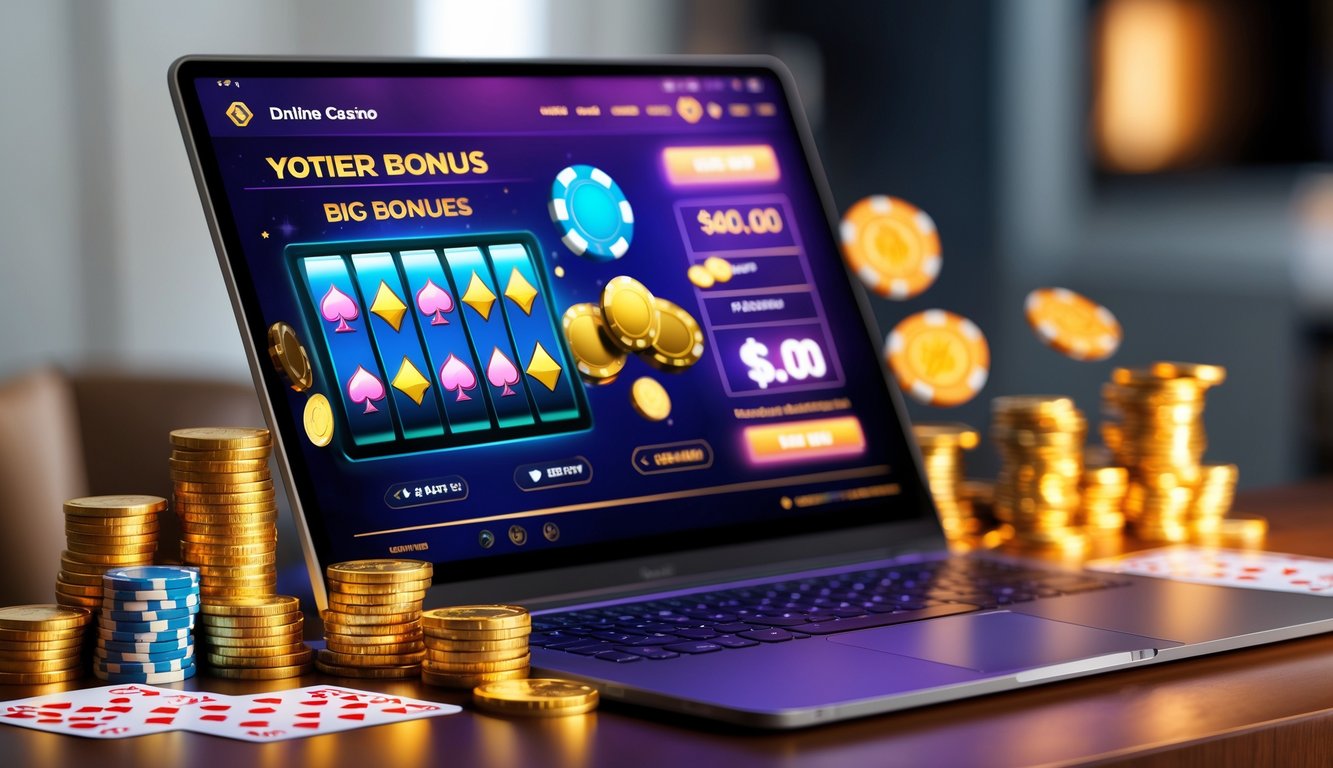 Seorang pemain menggunakan komputer dengan tampilan permainan kasino online dan tumpukan chip serta kartu di meja.