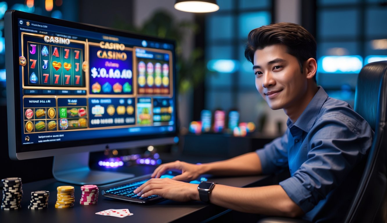 Seorang pria muda duduk di depan komputer dengan layar menampilkan permainan kasino online, terlihat fokus dan percaya diri di ruangan yang nyaman.