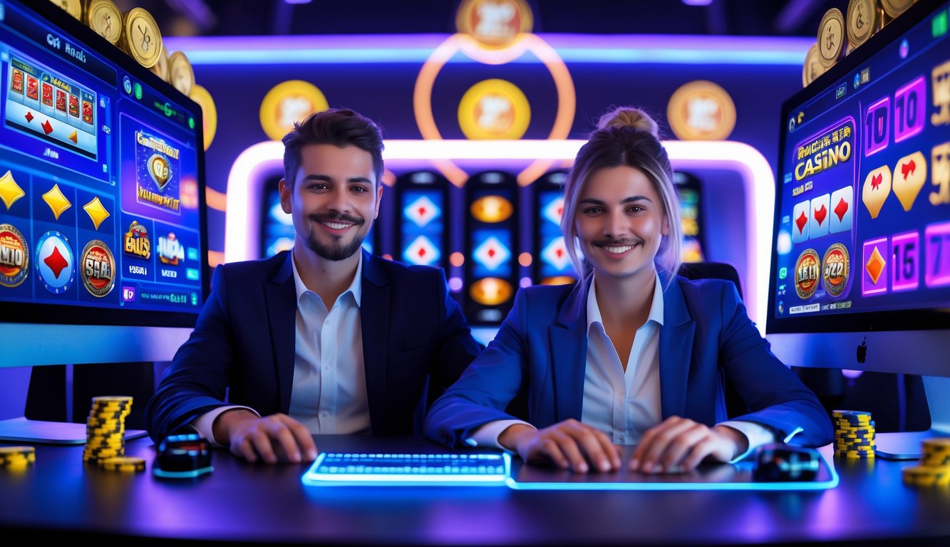 Seorang pria dan wanita muda duduk di depan komputer dengan tampilan permainan kasino online yang berwarna-warni, terlihat santai dan percaya diri di lingkungan dengan pencahayaan biru dan ungu.